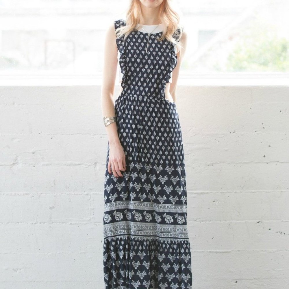 Navy Blue Floral Boho Pinafore Maxi Dress - Picture 4 of 5